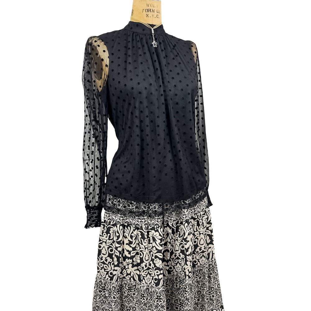 Gothic Sheer Mesh Polka Dot Blouse Mock Neck Bow Back‎ Victorian Lace Trim S - Picture 5 of 9